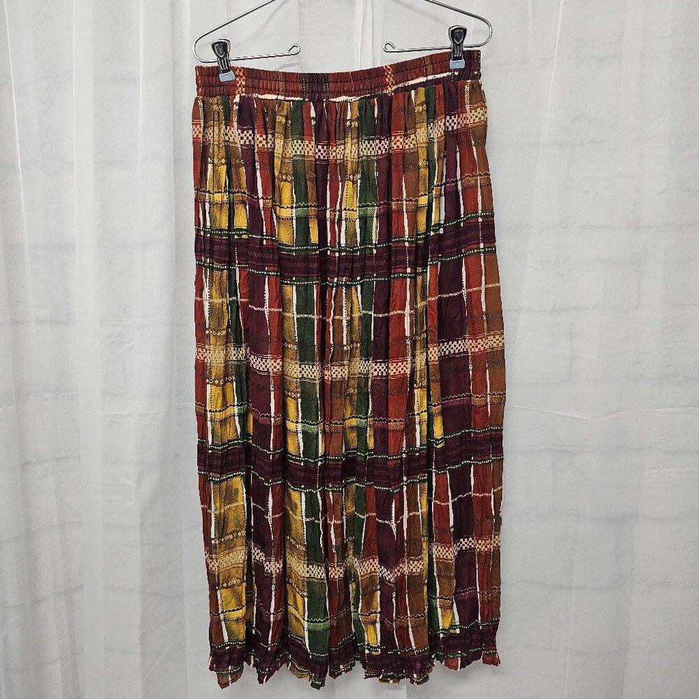 Vintage Kathie Lee Skirt Midi Grunge Peasant Burgundy Green Crinkled M
